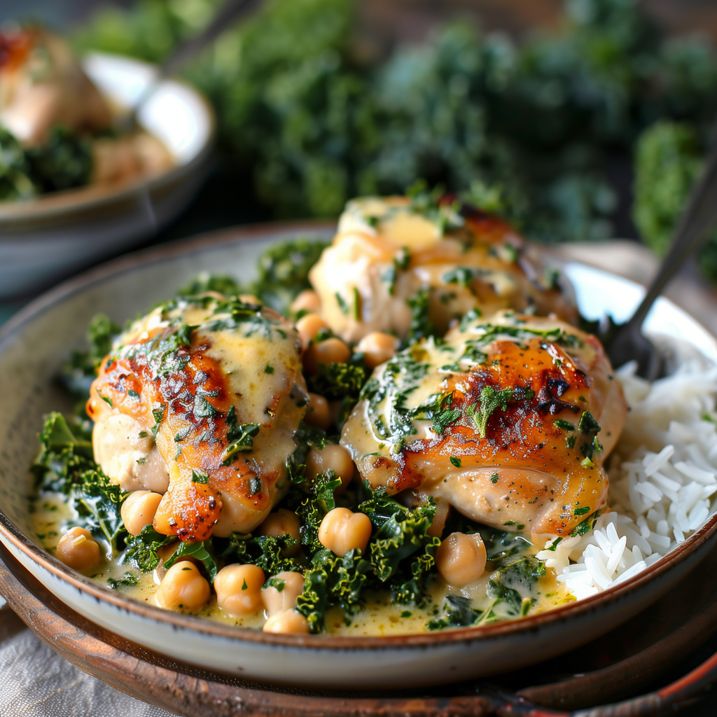 Creamy Lemon Chicken Thighs with Kale and Chickpeas